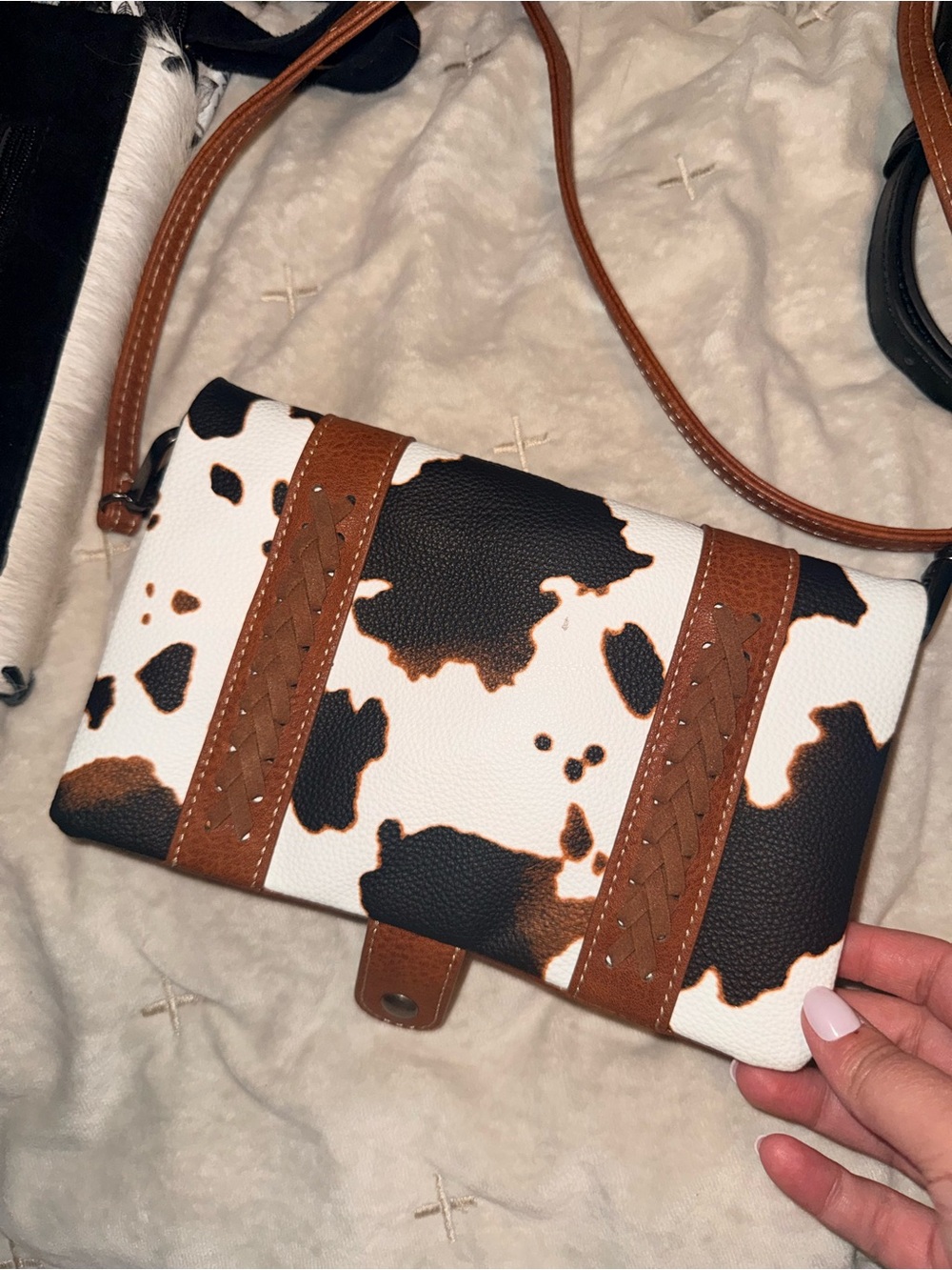 Cowhide Print Crossbody Bag with Brown Trim